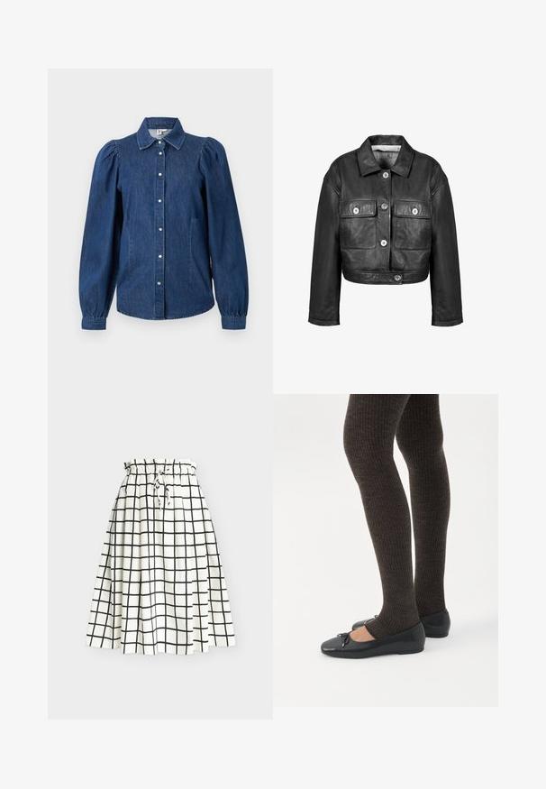 Zwarte leren cropped jas met knoopsluiting aan de voorkant, twee borstzakken en een klassieke kraag. Soepele textuur en nauwsluitend ontwerp.; Donkerblauwe denim blouse met lange, opgezette mouwen, een knoopsluiting aan de voorkant en een klassieke kraag. Bevat twee zijzakken en heeft een licht gebogen zoom.; Witte knielange rok met zwart ruitenpatroon, elastische tailleband en trekkoord aan de voorkant, getoond tegen een effen achtergrond.; Benen met donkere geribbelde leggings gecombineerd met zwarte ballerina's met kleine strikdetails op een witte achtergrond.