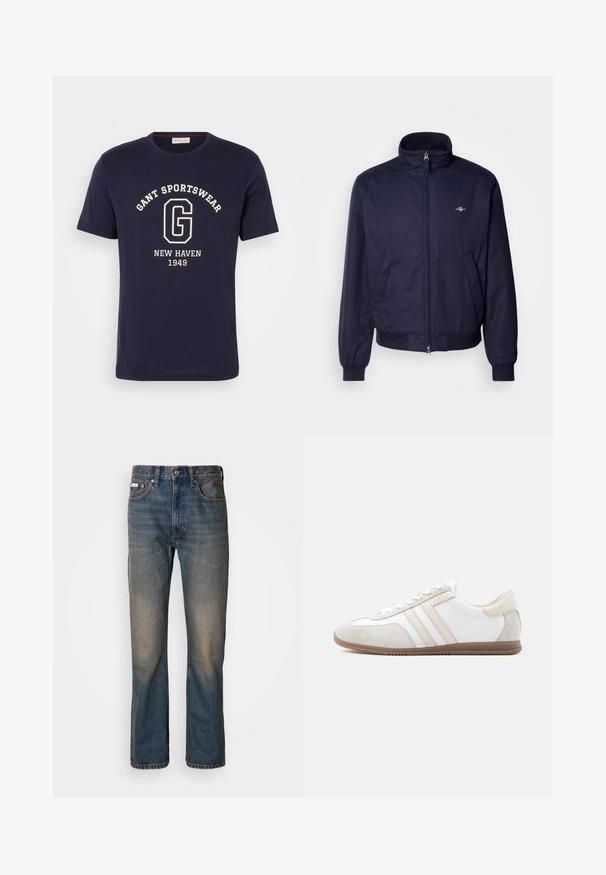 Marineblauwe bomberjack van gladde stof, met een opstaande kraag, voorrits, elastische manchetten en zijzakken. Subtiele logodetail aanwezig.; Marineblauw katoenen T-shirt met een witte opdruk van "GANT SPORTSWEAR," "NEW HAVEN," en "1949." Ronde halslijn en korte mouwen.; Hoge taille blauwe spijkerbroek van denim, met een rechte pijpontwerp, vervaagde versleten plekken en traditionele vijf-pocket styling.; Laag uitgesneden witte en beige sneaker met suèdelook accenten, veterluiting en bruine rubberen zool, zijaanzicht op een effen achtergrond.