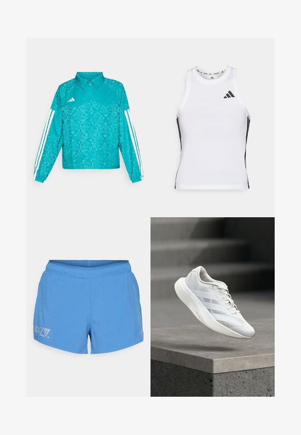 Tyrkysová bunda Adidas s kvetinovým vzorom, biele tri pruhy na rukávoch, predný zapínací gombík a golier na jednofarebnom pozadí.; Biely športový tielko s čiernymi bočnými akcentami a logom. Má výstrih v tvare lode a priliehavý strih, vyrobené z ľahkého, priedušného materiálu.; Svetlo modré bežecké šortky s perforovanou textúrou, elastickým pásom a potlačeným logom a detailmi na ľavom stehne.; Biela športová obuv s textúrovaným zvrškom, tromi bočnými pruhmi, odpruženou podrážkou a zaoblenou špičkou, umiestnená nad betónovým povrchom.