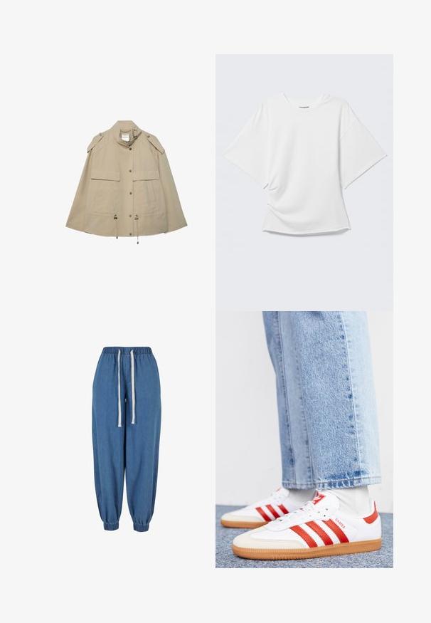 Veste utilitaire beige avec col montant, boutons-pression sur le devant, épaulettes, poches poitrine à rabat et cordons ajustables à l'ourlet.; T-shirt blanc oversize à manches courtes avec col rond présenté sur un fond gris clair.; Pantalon de jogging en denim bleu avec taille élastique et poignets, avec des cordons blancs à la taille.; Baskets en cuir blanc avec des rayures et des accents rouges. Dotées d'une semelle extérieure en gomme texturée et d'un col rembourré. Portées avec un jean en denim bleu clair.