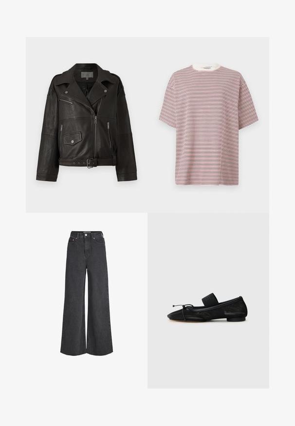 Sort læder bikerjakke med sølv lynlåse, trykknapper og sidelommer; har en bælte talje og bred krave design.; Kortærmet T-shirt med rund hals og smalle, horisontale striber i hvid, brun og lyserød.; Sorte jeans med høj talje og vide ben, lukkes foran med knap og lynlås, forlommer og frynset kant.; Sort flad sko med spids tå, lavet af tekstureret stof, med en sløjfeaccent og en lille, rund hæl. Elastisk rem ved anklen.