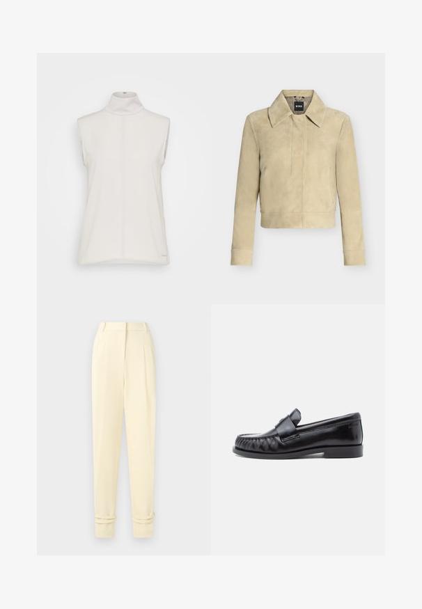 Veste en daim beige avec manches longues, large col et détail de couture sur le devant, présentée sur un fond uni. Étiquette BOSS sur l’étiquette du col.; Haut sans manches en tissu lisse, de couleur blanche, avec une couture centrale et une étiquette logo subtile en bas. Design minimaliste.; Pantalon tailleur crème taille haute avec plis, jambes fuselées et revers roulés aux chevilles, présenté sur un fond uni.; Mocassins en cuir noir avec un bout arrondi, une couture distinctive et une bride décorative sur le cou-de-pied. Finition lisse et talon bas.