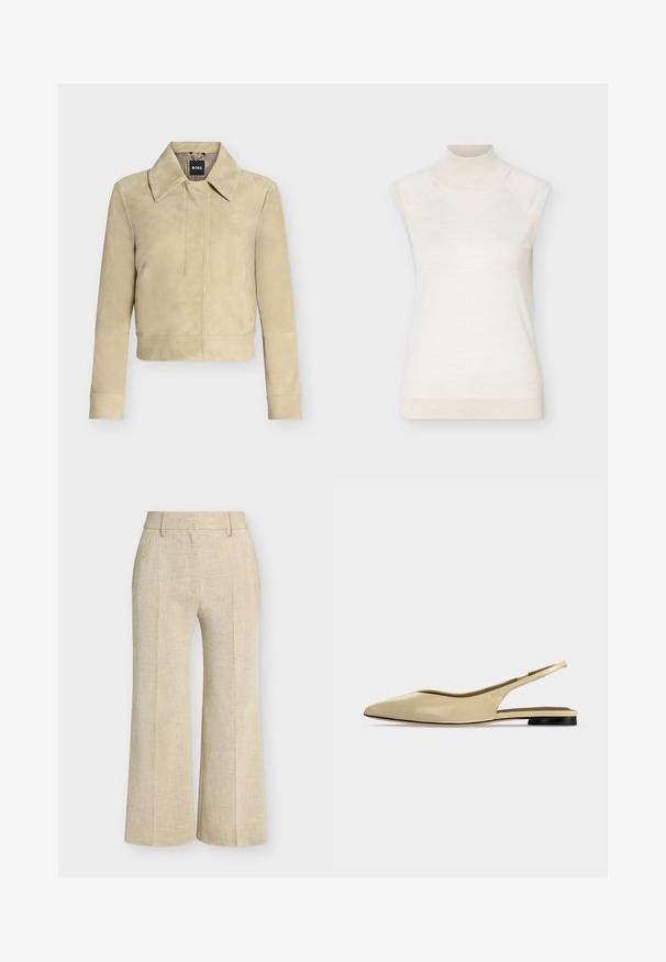 Veste en daim beige avec manches longues, large col et détail de couture sur le devant, présentée sur un fond uni. Étiquette BOSS sur l’étiquette du col.; Pull sans manches à col roulé crème avec col et ourlet côtelés, présenté sur un fond clair uni.; Pantalon beige à jambes larges avec passants de ceinture, plis devant et finition en tissu texturé.; Chaussure plate beige à bout pointu avec bride arrière, petit talon noir et finition en cuir lisse, vue de côté sur un fond uni.