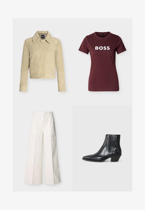 Beige suède jas met lange mouwen, brede kraag en naaddetail aan de voorkant, getoond op een effen achtergrond. BOSS-label op het neketiket.; Marskleurig T-shirt met korte mouwen en ronde hals, voorzien van een wit BOSS-logo centraal op de borst, getoond tegen een effen lichte achtergrond.; Wijdvallende broek van witte katoen, met steekzakken aan de voorkant en gedetailleerde stiksels. Gladde textuur met een strak, minimalistisch ontwerp.; Zwarte leren enkellaars met spitse neus, elastische zijpanelen met verticale groeven en een lage blokhak. Glad oppervlak en slank ontwerp.