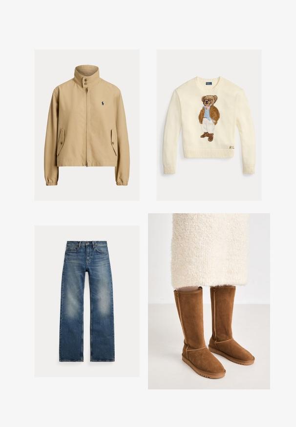 Veste beige zippée avec col montant, poches à rabat boutonnées, poignets élastiques et petit logo foncé sur la poitrine gauche.; Pull couleur crème avec un ours tricoté portant une veste marron et des lunettes, accompagné d'une chemise bleu clair et d'un pantalon blanc.; Jeans bleu droit avec zones décolorées aux cuisses, conception cinq poches et fermeture à boutons, posés à plat sur fond blanc.; Bottes en suède marron à hauteur de genou avec une texture lisse, présentant des coutures latérales et une semelle en caoutchouc pour une bonne traction.