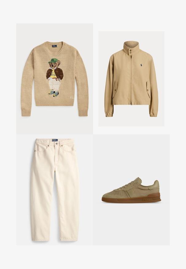 Beige Jacke mit Reißverschluss und hohem Kragen, mit knöpfbaren Laschen an den Taschen, elastischen Bündchen und kleinem dunklem Logo auf der linken Brust.; Beige Strickpullover mit einem gestickten Bärencharakter, der einen grünen Hut, ein gelbes Hemd, eine braune Jacke und helle Hosen mit Turnschuhen trägt.; Jeans in Cremefarbe aus Denim mit geradem Bein, Fronttaschen und Ziernähten. Metallknopf und Reißverschluss zum Schließen.; Beiger Polo-Sneaker mit niedrigem Schnitt, Schnürung vorne, strukturiertem Lederobermaterial und brauner Gummisohle mit Polo-Logo an der Seite.