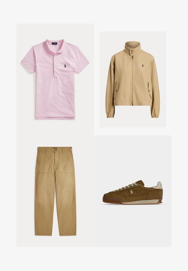 Veste beige zippée avec col montant, poches à rabat boutonnées, poignets élastiques et petit logo foncé sur la poitrine gauche.; Polo rose clair à manches courtes avec un col, quatre boutons et un petit logo brodé bleu foncé sur la poitrine gauche.; Pantalon beige droit avec poches plaquées à l'avant, passants pour ceinture, fermeture par bouton et fermeture éclair.; Baskets en daim marron avec lacets crème, semelle épaisse et petit logo blanc brodé sur le côté.