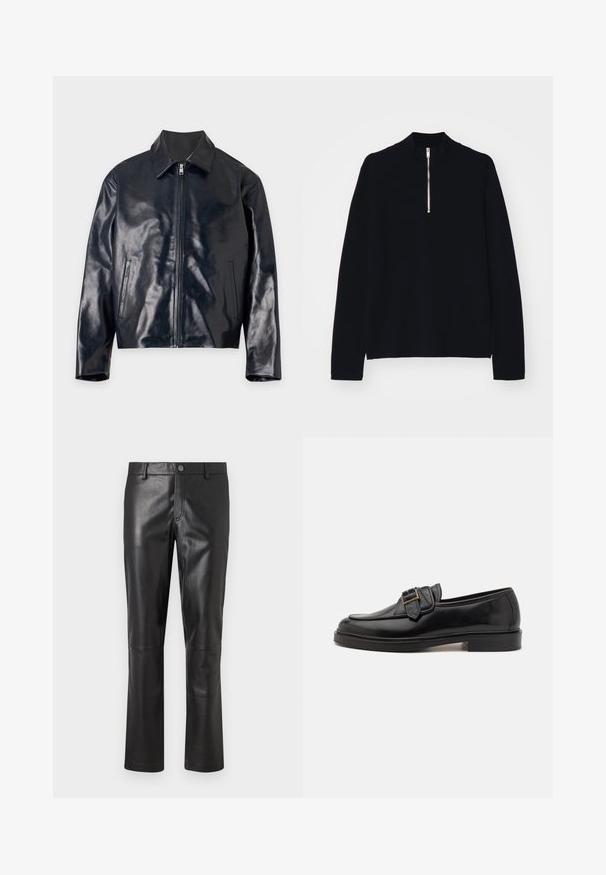 Veste en cuir noire brillante avec fermeture éclair frontale, col et deux poches latérales verticales, présentée à plat sur un fond clair.; Haut noir à manches longues en matériau doux, avec un col montant et une fermeture éclair mi-haut à l'avant, d'une coupe décontractée.; Pantalon en cuir noir avec une texture lisse, design à jambes droites et couture subtile le long des coutures. Présente une fermeture à bouton à la taille.; Mocassins en cuir noir avec un bout arrondi et une boucle décorative. Talon plat, solide et texture lisse sur l'ensemble.