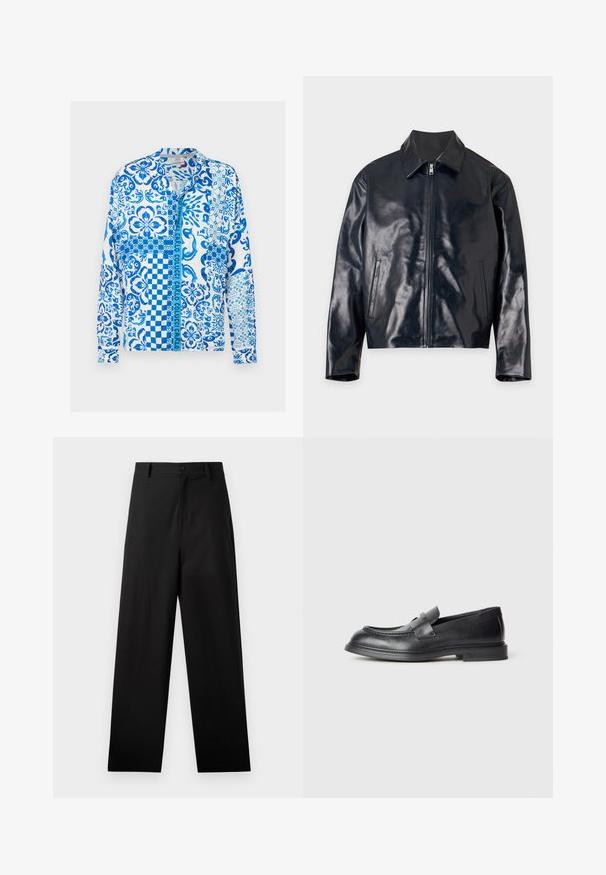 Veste en cuir noire brillante avec fermeture éclair frontale, col et deux poches latérales verticales, présentée à plat sur un fond clair.; Chemise blanche à manches longues boutonnée avec des motifs floraux, géométriques et abstraits bleus et le texte "Carlo Colucci" sur la patte de boutonnage.; Pantalons noirs en coton avec une coupe droite, dotés d'une fermeture à bouton à l'avant et de poches latérales. Texture lisse, sans motifs.; Mocassins en cuir noir avec une finition texturée, dotés d'une bride décorative à l'avant et d'un bout arrondi. Semelle en caoutchouc pour plus de durabilité.