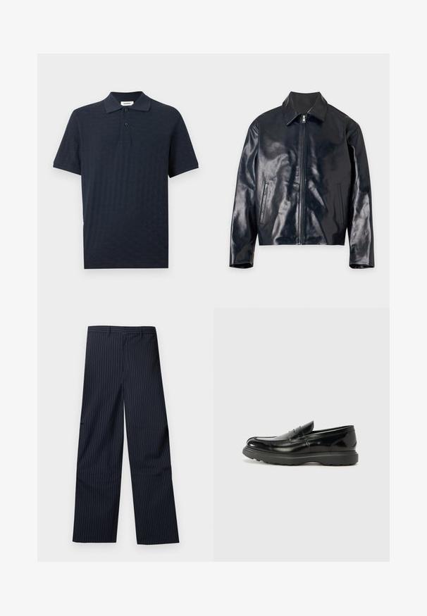Veste en cuir noire brillante avec fermeture éclair frontale, col et deux poches latérales verticales, présentée à plat sur un fond clair.; Polo bleu marine à manches courtes avec un motif texturé subtil, patte à deux boutons et col classique.; Pantalon ample à fines rayures bleu marine avec passants de ceinture, poches avant et ourlet droit sur fond uni.; Mocassin en cuir noir avec une finition brillante, bout arrondi, détails de couture subtils et semelle en caoutchouc épaisse pour la durabilité.