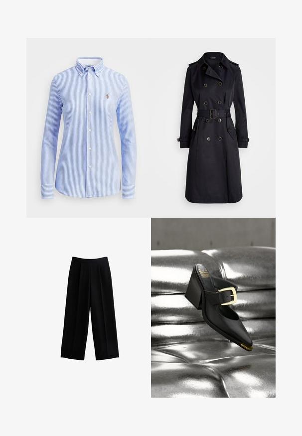 Marineblå trenchcoat med dobbeltradet design, store knapper, bælte i taljen og skulderklaffer. Glat tekstur og knælængde.; Lyseblå og hvid stribet skjorte med knapper, krave, lange ærmer og et lille broderet logo på venstre bryst.; Sorte breddebenede bukser med en plisseret design, lavet af glat stof. Har en høj talje og en afslappet silhuet.; Sort læder-mule med spids tå, guldbeslag og blokhæl ophængt over en blank sølvpolstret overflade.