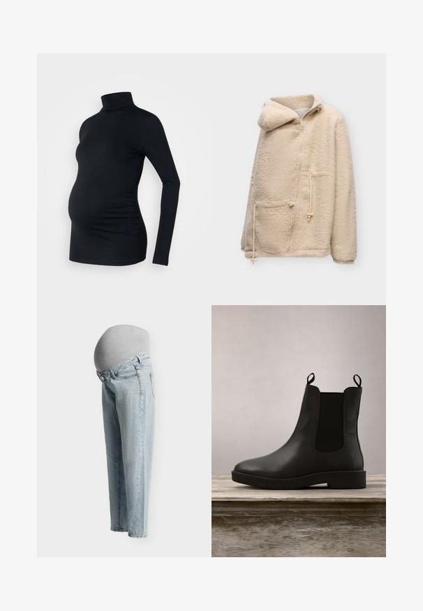 Beige fleecejakke med hætte, lynlås foran, to lommer og justerbare snore i taljen og på lommen.; Sort langærmet turtleneck top i strækbart stof, designet til at rumme en gravid mave, med detaljeret side ruching.; Lyseblå graviditetsjeans med en strækbar grå panel, der dækker graviditetskuglen, vist fra siden på en ensfarvet baggrund.; Sort læder ankelstøvle med elastiske sidepaneler og en lav hæl, der har en glat finish og rund tå, placeret over en træsør.