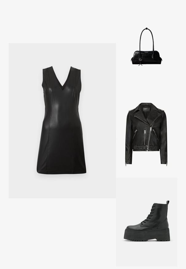 Veste de moto en cuir noir avec des zips avant asymétriques, plusieurs poches zippées, des revers larges et une taille ceinturée. Design classique.; Robe noire sans manches en simili cuir avec décolleté en V et coutures ajustées, longueur genoux, sur un fond clair uni.; Bottes noires jusqu'à la cheville avec une semelle épaisse en plateau, en cuir lisse, dotées d'un design à lacets et d'une languette à l'arrière.; Sac à épaule en cuir noir à texture crocodile, avec de longues sangles et un petit charm logo argenté sur une sangle.