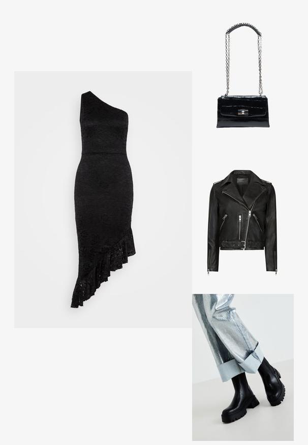 Zwarte leren motorjack met asymmetrische ritsen aan de voorkant, meerdere ritszakken, brede revers en een ceintuur in de taille. Klassiek ontwerp.; WAL G. HOLLY MIDI - Cocktailjurk - black; Zwarte chunky enkelboots met textuurzolen, gedragen met zilverkleurige metallic broek met een lichte denim omslag. Minimalistisch ontwerp, strakke materialen.; Zwarte leren handtas met krokodilstructuur, zilveren draaiversluiting en lange zilveren kettingriem met leren schouderpad.