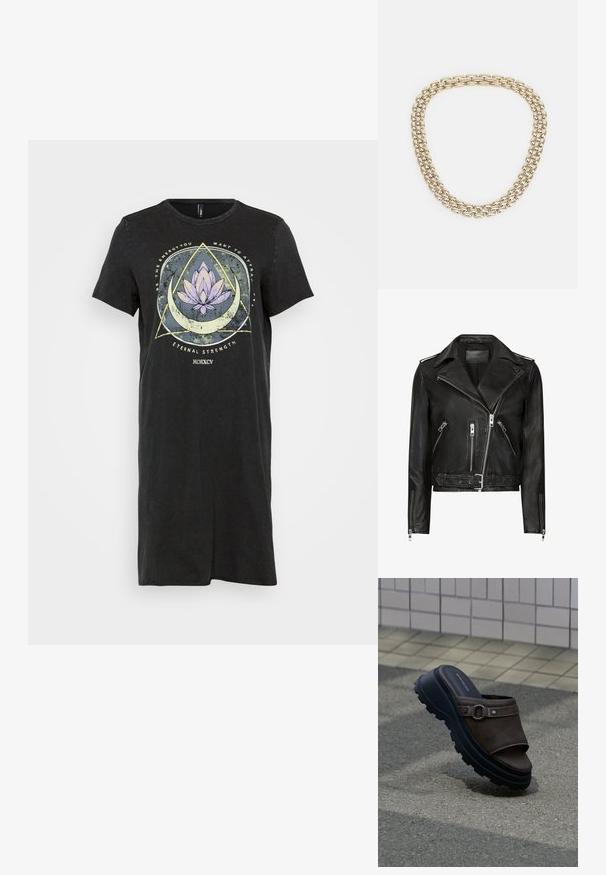Sort lædermotorcykeljakke med asymmetrisk frontlynlås, flere lynlåslommer, brede revers og talje med bælte. Klassisk design.; Sort T-shirt-kjole med en afslappet pasform, der har et grafik af en lilla lotusblomst og geometriske mønstre på forsiden. Korte ærmer.; Brun læder slip-on sandal med tyk sort robust sål og metal spænde detalje, hvilende på struktureret fortov.; Guldfarvet kædedesign med to sammenkoblede rækker af ovale og rektangulære led, glat overflade og metallisk finish.