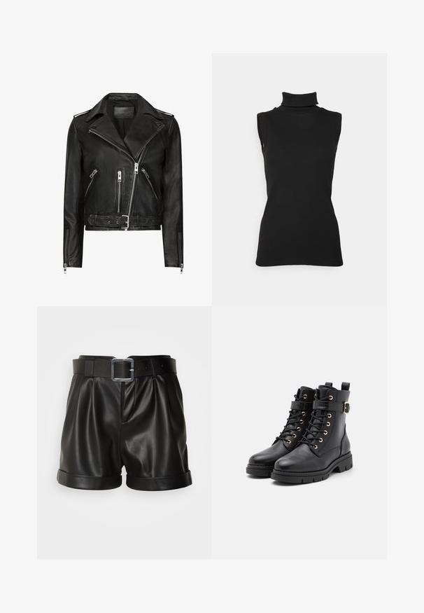 Zwarte leren motorjack met asymmetrische ritsen aan de voorkant, meerdere ritszakken, brede revers en een ceintuur in de taille. Klassiek ontwerp.; Zwarte mouwloze turtleneck top van ribstof, met een hoge hals en een getailleerde pasvorm. Gladde textuur met minimale details.; Zwarte leren shorts met een brede tailleband en een zilveren gesp. Voorzien van een geplooide voorkant en opgerolde boorden. Glad textuur en een op maat gemaakt ontwerp.; Zwarte leren enkelboots met een ronde neus, vetersluiting, gouden oogjes, een gespaccent en een chunky, gestructureerde zool.