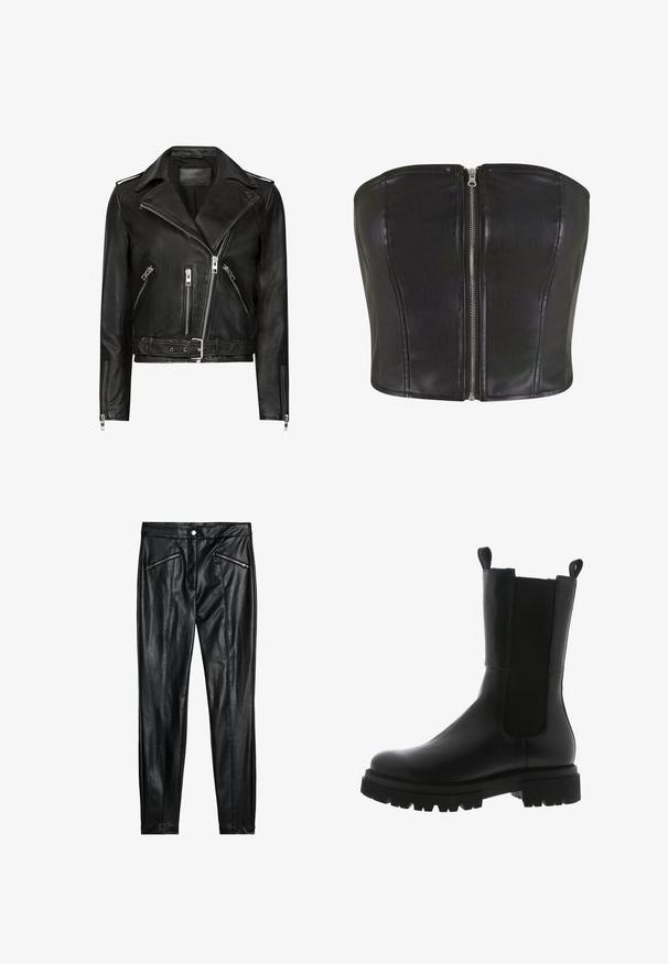 Veste de moto en cuir noir avec des zips avant asymétriques, plusieurs poches zippées, des revers larges et une taille ceinturée. Design classique.; Top en corset en cuir noir avec une coupe structurée. Comprend une fermeture éclair centrale en argent et des coutures le long du buste. Texture lisse.; Pantalons en cuir noir avec une coupe ajustée, deux poches avant zippées, et une texture lisse avec une finition brillante.; Bottines en cuir noir avec un design épuré, panneaux latéraux élastiques, tirants et une semelle en caoutchouc épaisse avec un motif dentelé.