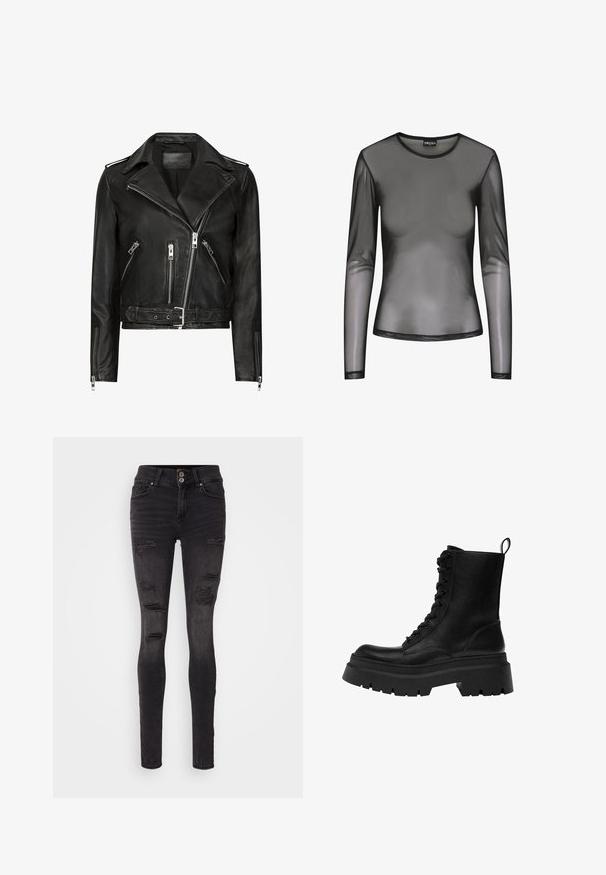Veste de moto en cuir noir avec des zips avant asymétriques, plusieurs poches zippées, des revers larges et une taille ceinturée. Design classique.; Haut long noir à manches longues en maille avec un col rond, présentant un tissu transparent et une coupe ajustée. Les bords sont finis avec des surpiqûres noires.; Jean skinny noir en denim avec un design déchiré comportant plusieurs déchirures et une silhouette ajustée. Fermeture à double bouton à la taille.; Botte de combat noire montante à lacets avec semelle plateforme épaisse à crampons et languette à l'arrière, vue de profil sur fond blanc.