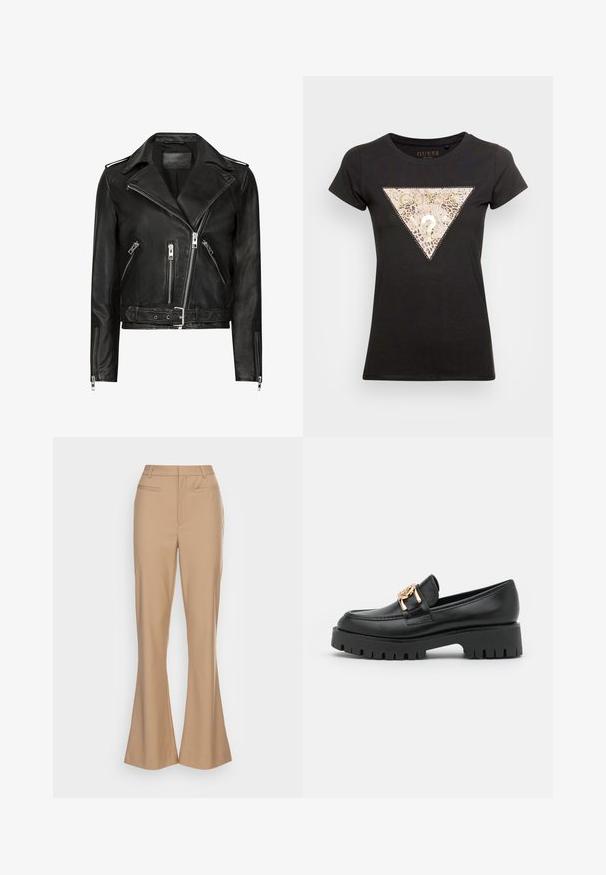 Veste de moto en cuir noir avec des zips avant asymétriques, plusieurs poches zippées, des revers larges et une taille ceinturée. Design classique.; T-shirt noir à manches courtes, avec un design triangulaire en léopard métallique et le logo "GUESS", col rond et silhouette ajustée.; Pantalons évasés beiges en tissu lisse, avec une taille mi-haute, des plis avant légers et deux poches avant.; Mocassin en cuir noir avec une semelle épaisse et un accent en métal doré ; présente un bout arrondi et des détails cousus le long de l'empeigne.