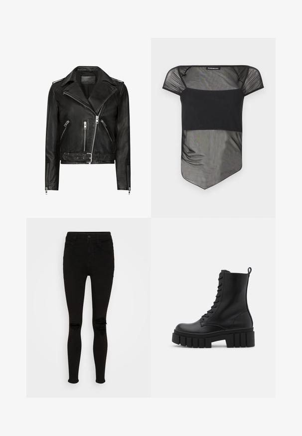 Veste de moto en cuir noir avec des zips avant asymétriques, plusieurs poches zippées, des revers larges et une taille ceinturée. Design classique.; Haut en maille noire transparente avec un décolleté carré, des manches courtes style capuchon et un ourlet asymétrique.; American Eagle SUPER HIGH RISE - Jegging - black wash; Bottines en cuir noir avec semelle épaisse et rainurée, devant à lacets et tirette sur fond blanc lisse.