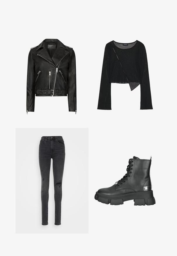 Schwarze Leder-Motorradjacke mit asymmetrischen Frontreißverschlüssen, mehreren Reißverschlusstaschen, breiten Revers und einem Gürtel in der Taille. Klassisches Design.; Schwarzes langärmliges Crop-Top aus leichtem, durchsichtigem Stoff. Mit Rundhalsausschnitt und asymmetrischem Saum mit leichter Textur.; Dunkelgraue, enganliegende, hoch taillierte Jeans aus Denim mit abgenutzten Details, einschließlich Rissen am Knie und einer glatten Textur.; Schwarze Lederstiefeletten mit einer profilierten Plateausohle, runder Zehenpartie, Frontschnürung mit Metallösen und einem Ziehschlaufe an der Rückseite.