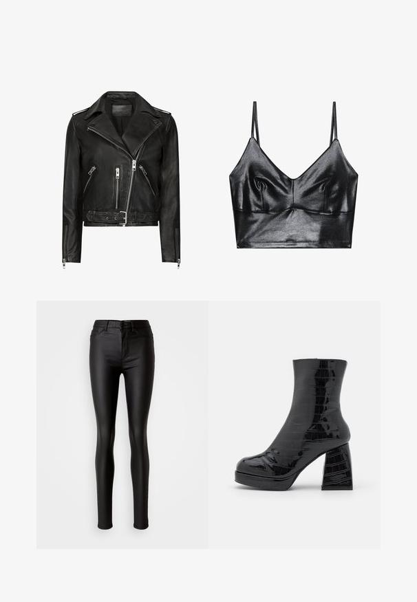 Chaqueta de motociclista de cuero negro con cremalleras frontales asimétricas, múltiples bolsillos con cremallera, solapas anchas y cintura con cinturón. Diseño clásico.; Bralette negro y brillante con tirantes delgados ajustables, que presenta un escote en V, textura suave y sutil fruncido en el busto para darle forma.; Jeans skinny de imitación cuero negro con una textura suave, cintura alta, cierre de botón y diseño tradicional de cinco bolsillos.; Even&Odd Botines con plataforma - black