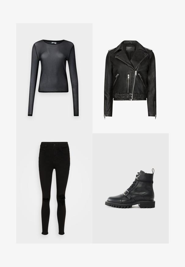 Veste de moto en cuir noir avec des zips avant asymétriques, plusieurs poches zippées, des revers larges et une taille ceinturée. Design classique.; Haut noir à manches longues en maille transparente avec col rond et silhouette ajustée, présenté sur un fond uni.; American Eagle SUPER HIGH RISE - Jegging - black wash; Botte en cuir noir à cheville avec un bout rond, fermeture à lacets à l'avant, détail de boucle et semelle épaisse et robuste. Présente des accents en métal argenté.