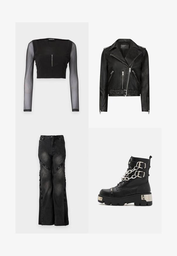 Sort lædermotorcykeljakke med asymmetrisk frontlynlås, flere lynlåslommer, brede revers og talje med bælte. Klassisk design.; Sort crop top med firkantet halsudskæring, fremstillet i uigennemsigtigt stof med gennemsigtige lange ærmer. Frontlynlås tilføjer detalje til designet.; Sorte denimjeans med en vid benudskæring, der har kædeaccentuer langs sidesømmene og en knap- og lynlåslukning i taljen.; Koi Footwear SHACKLED SHADOWS HEAVY DUTY CHAIN - Cowboy- / bikerstøvlette - black