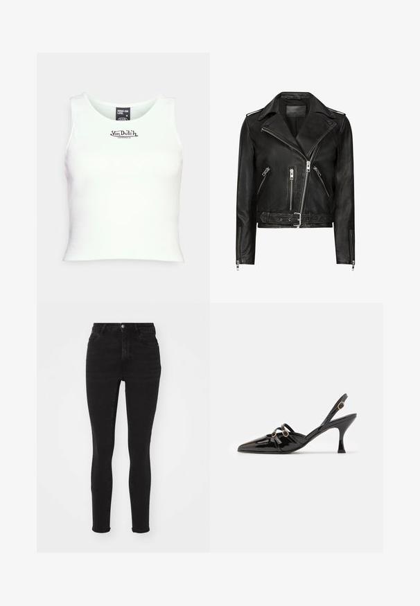 Chaqueta de motociclista de cuero negro con cremalleras frontales asimétricas, múltiples bolsillos con cremallera, solapas anchas y cintura con cinturón. Diseño clásico.; Top corto de tirantes acanalado blanco con escote redondo y logo negro de "Von Dutch" en el centro. Fabricado en una mezcla de algodón elástico.; Vaqueros skinny de mezclilla negra con cintura alta, que cuentan con cinco bolsillos, una cremallera en la parte frontal y un botón metálico. Textura suave con ligero estiramiento.; ALOHAS JOELLE ONIX - Tacones - black