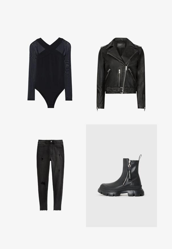 Veste de moto en cuir noir avec des zips avant asymétriques, plusieurs poches zippées, des revers larges et une taille ceinturée. Design classique.; Bodysuit noir avec des manches longues en maille, un décolleté en V profond et une coupe ajustée, mettant en avant un tissu lisse et une construction discrète.; Jean skinny noir en denim, avec des accents déchirés, taille haute, cinq poches et un ourlet brut au niveau des chevilles.; KARL LAGERFELD TREKKA MAX - Bottines compensées - black