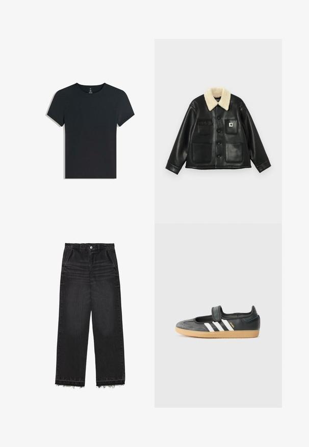 Schwarze Lederjacke mit einem beigen Kunstfellkragen, ausgestattet mit zwei Fronttaschen, einer Brusttasche und Knopfverschluss.; Schwarzes Baumwoll-T-Shirt mit kurzen Ärmeln, rundem Ausschnitt und einer weichen, glatten Textur. Einfaches Design, keine Muster oder sichtbare Hardware.; Schwarze Denim-Hosen mit geradem Bein. Sie verfügen über eine hohe Taille, einen fransigen Saum und eine subtile, ausgebleichte Textur. Mit Eingrifftaschen vorne.; Schwarze Leder- und Wildledersneaker mit einem Klettverschluss, ausgestattet mit drei weißen Streifen und einer Gummisohle, beschriftet mit "SAMBA" an der Seite.