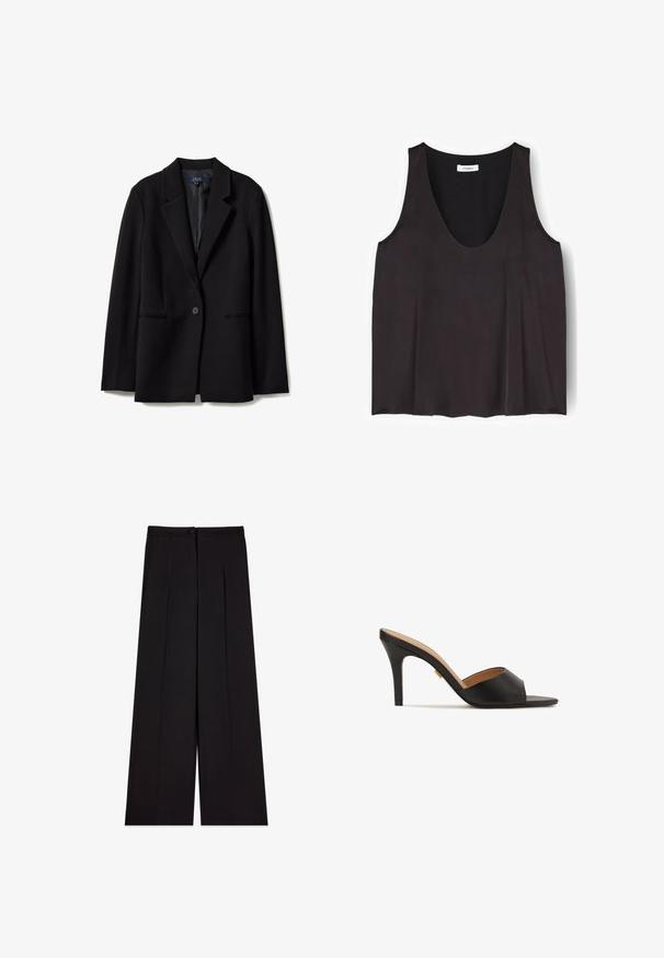 Blazer negro de un solo botón con solapas de muesca y dos bolsillos frontales con abertura, presentado sobre un fondo blanco.; Top negro sin mangas con escote redondo, de tela simple y lisa, con una pequeña etiqueta en el escote.; Pantalones negros de cintura alta y pernera ancha con pliegues frontales y cierre de botón en la cintura.; Zapatillas de tacón alto abiertas en la parte delantera, de color negro, con un upper de cuero suave, punta almendrada y un elegante tacón de aguja. Detalle decorativo en tono dorado visible.
