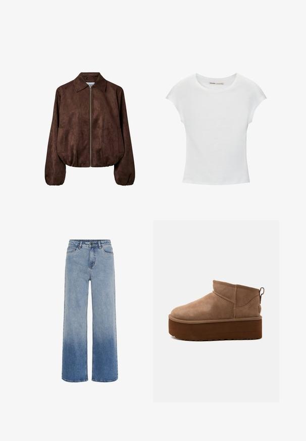 Bruine suède jas met ritssluiting, brede kraag, lange mouwen, elastische taille en zijzakken.; Witte katoenen T-shirt met korte, opgerolde mouwen, een ronde halslijn en een rechte zoom. Gladde textuur zonder zichtbare patronen of accenten.; Hoge taille blauwe denim jeans met wijde pijpen en een gradient vervaging van lichtblauw naar donkerblauw aan de onderkant.; Halve hoogte bruine suède instapschoen met dikke plateauzool en een trek-lus aan de achterkant tegen een lichte achtergrond.