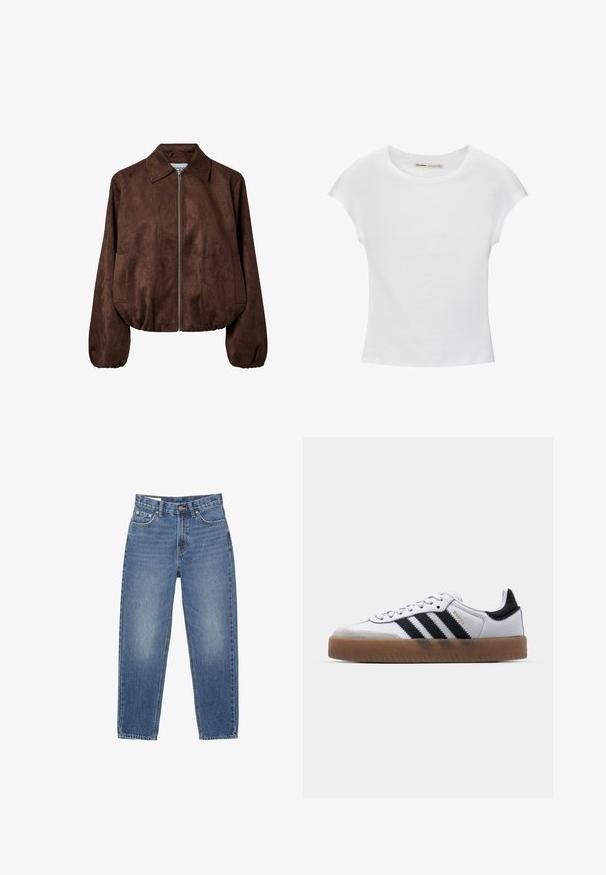 Veste zippée en daim marron avec un large col, manches longues, taille élastiquée et poches latérales.; T-shirt en coton blanc avec manches courtes retroussées, encolure ronde et ourlet droit. Texture lisse sans motifs ni accents visibles.; Jean en denim bleu à coupe droite, cinq poches, avec des détails de surpiqûres visibles sur fond blanc.; Baskets en cuir blanc avec des rayures noires, semelle extérieure en caoutchouc beige, bout rond, fermeture lacée et embout en suède gris doux.