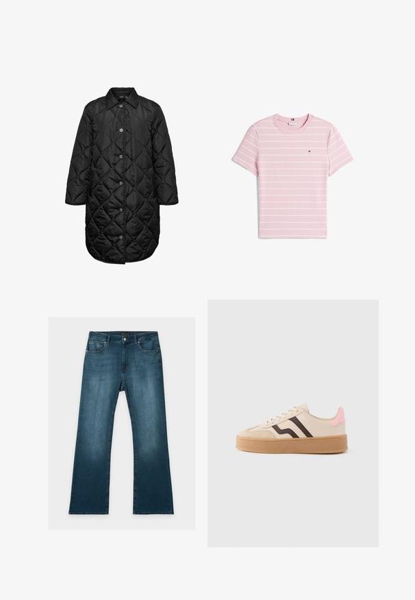 Sort quiltet lang frakke med krave og knaplukning foran, med diamantformet syningsmønster og lange ærmer.; Lyserød T-shirt med hvide, vandrette striber, rund hals, korte ærmer, lavet af en blød bomuldsblanding, med en lille logo på brystet.; Blå jeans med lige ben, foran- og baglommer, knap- og lynlåslukning og subtile falmede detaljer på lår og knæ.; Beige sneakers med brune striber, en pink hælaccents, ruskindstæt på tåen og en gummisål. Har snørelukning og rundet design.