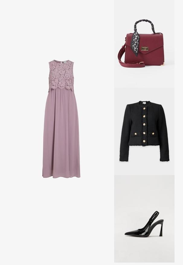Sort tekstureret jakke med lange ærmer og rund halsudskæring, guldknapper foran og på to forlommer samt frynsede kanter på ærmekanter og nederkant.; Maxi-kjole i dæmpet lavendel, med en blonde-bodice og uden ærmer. Flydende stof med en subtil glans og samlet taljedetalje.; Sorte patenterede lædersædler med spidse tæer, slank høj hæl og dobbelt elastisk rem for sikker pasform. Glat, skinnende overflade.; Burgunderrød faux læder håndtaske med en struktureret form, hardware i guldtoner, aftagelig sort blomstersløjfe og justerbar skulderrem.