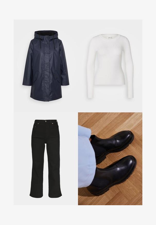 Marineblauwe waterdichte jas met een capuchon, voorzien van drukknoopsluitingen, een trekkoord en zijzakken. Gladde textuur, middellange uitvoering.; Witte lange mouwen geribbelde top met een ronde hals. De stof is soepel, met een subtiele textuur en een aansluitend ontwerp. Geen zichtbare hardware of patronen.; Dr.Denim Petite MOXY - Broek - solid black; Zwarte enkellaarzen van soepel leer met elastische zijpanelen, een getextureerde rubberen zool en contrasterende stiklijnen langs de rand.