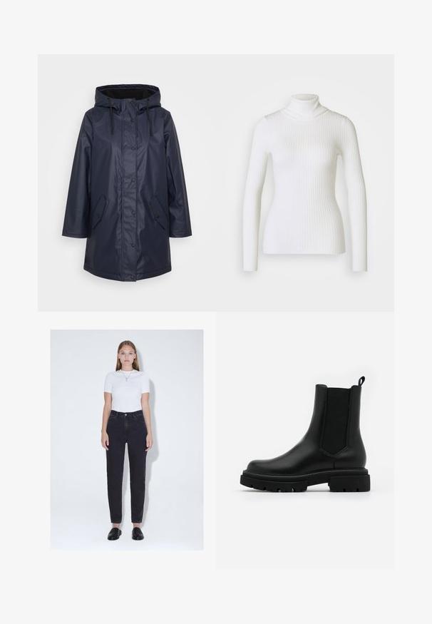 Marine vandtæt jakke med hætte, udstyret med trykknapper, snoretræk og sidelommer. Glat tekstur, mellemlang design.; Hvid ribbet turtleneck sweater med lange ærmer, der har en tætsiddende design og blød tekstur. Flad krave og sømløst udseende.; Ung kvinde med glat hår iført hvid kortærmet top, højtaljede sorte jeans, sorte slip-on sko og en vedhængshalskæde, stående.; Sorte læder Chelsea-støvler har en glat overflade, elastiske sidetillæg, en løftestang og en kraftig gummisål med en tekstureret slidbane.