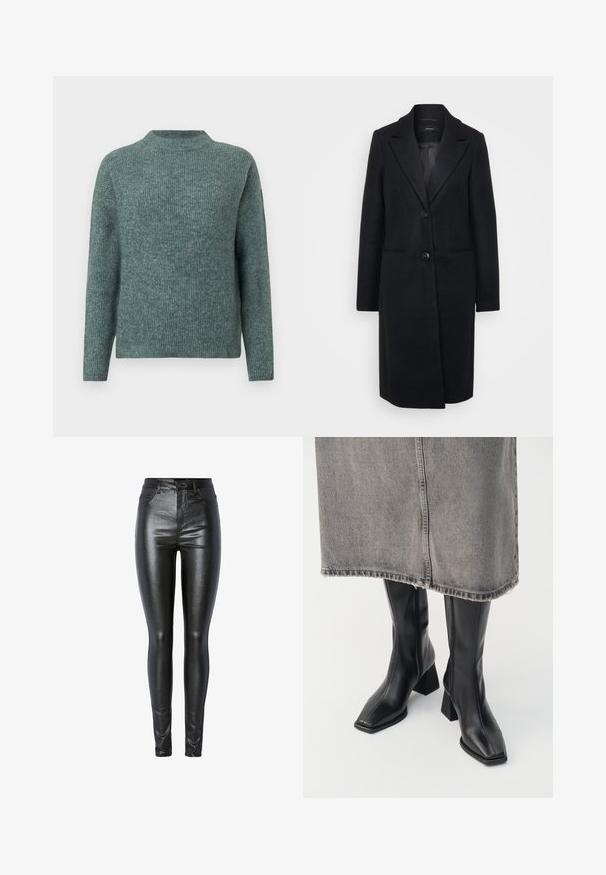 Manteau en laine noire avec une coupe ajustée, design à boutonnage simple, revers crantés et deux boutons. Comprend des poches latérales et une doublure intérieure lisse.; Pull en maille côtelée verte avec un col montant et des manches longues. Texture douce, coupe décontractée, et variations subtiles de teintes sur l'ensemble.; Jean skinny métallisé noir avec une texture lisse, taille haute, poches avant et fermeture éclair, conçu pour un ajustement près du corps.; Bottes noires montantes en cuir lisse avec un bout carré et un talon bloc. Portées avec une jupe en denim grise à l'ourlet effiloché.