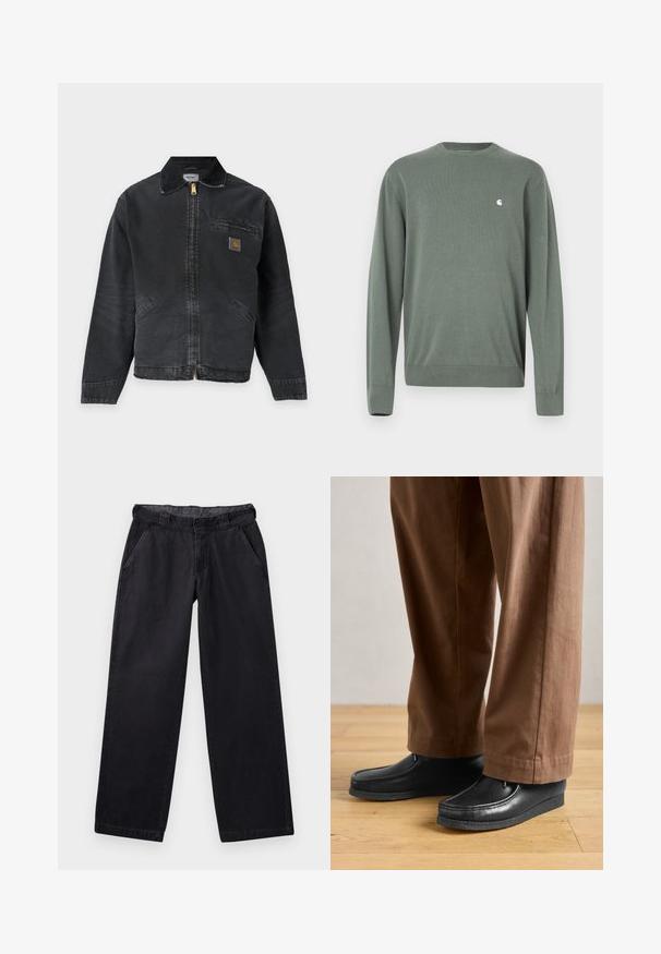 Čierna pracovná bunda na zips s malým logom na náprsnom vrecku a dvoma prednými vreckami, s preloženým golierom.; Zelený pletený sveter s dlhými rukávmi, okrúhlym výstrihom, rebrovanými manžetami a lemom. Na ľavej strane hrudníka sa nachádza malé biele logo značky.; Čierne nohavice s širokými nohavicami vyrobené z pevných materiálov, s plochým pásom, dvoma bočnými vreckami a hladkou textúrou.; Čierne kožené topánky s mokasínovým dizajnom a šitím, v kombinácii s hnedými nohavicami, na drevenej podlahe.