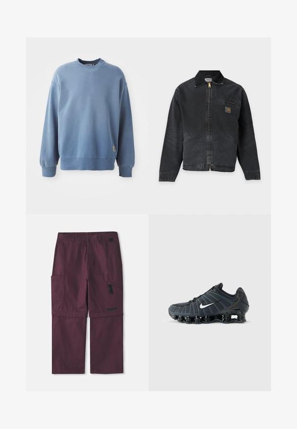 Zwarte werkjas met ritssluiting, klein logoplaatje op de borstzak en twee voorzakken, met een omgeslagen kraag.; Lichtblauwe sweatshirt gemaakt van zachte stof, met een ronde hals, lange mouwen, ribgebreide boorden en zoom, en een klein logolabel nabij de onderkant.; Bordeaux cargo convertible broek met zijritszak en Timberland-logo op het rechterbeen, verlengde binnenbeenlengte weergegeven.; Zwarte Nike hardloopschoen met witte swoosh, gevoerde segmenten in de zool en ademend bovendeel van mesh, op een effen grijze achtergrond.
