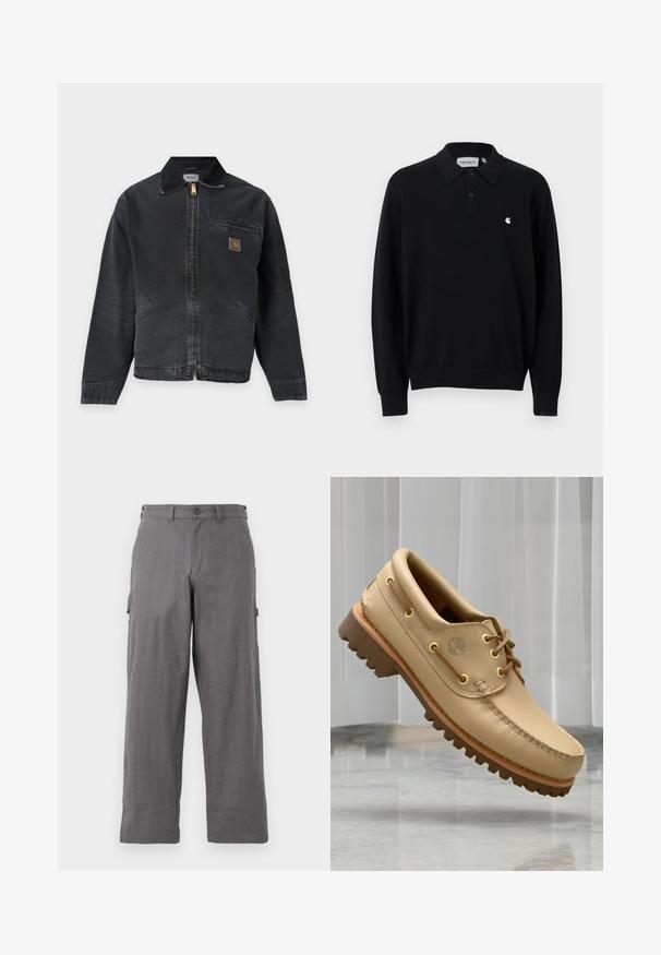 Veste de travail noire avec fermeture éclair, petit patch logo sur la poche poitrine et deux poches avant, avec un col plié.; Polo noir à manches longues avec deux boutons, poignets et ourlet côtelés, et petit logo blanc Carhartt sur la poitrine gauche.; Pantalons cargo gris avec une coupe droite, fabriqués en tissu durable. Comprend des poches latérales et une fermeture à bouton à la taille.; Chaussure bateau en cuir marron clair avec semelle épaisse et striée et détails de lacets, flottant au-dessus d'un sol en marbre et d'un fond de stores verticaux blancs.