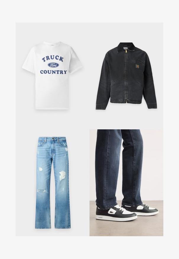 Schwarze Arbeitjacke mit Reißverschluss, kleinem Logo-Patch auf der Brusttasche und zwei Vordertaschen, mit umgeschlagenem Kragen.; Weißes Baumwoll-T-Shirt mit blau bedrucktem Text "TRUCK COUNTRY" und einem blauen ovalen "Ford"-Logo in der Mitte. Kurze Ärmel und Rundhalsausschnitt.; Hellblaue Jeans aus Denim mit geradem Bein, ausgestattet mit Rissen und einem ausgewaschenen Finish. Enthält einen Metallknopf und fünf Taschen.; Schwarz-weiße Lacoste-Sneaker mit einem Obermaterial aus strukturiertem Leder, ausgestattet mit einem Schnürdesign und einer weißen Gummiaußensohle. Getragen mit dunklen Jeans.