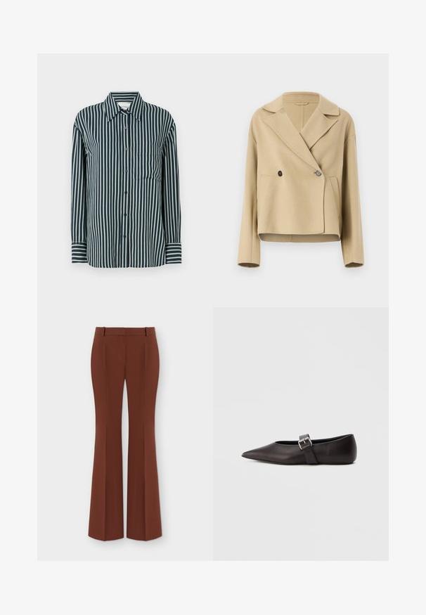 Beige cropped jakke lavet af blødt stof, med spidse krave, dobbelt knaplukning og to frontlommer.; Knap-op skjorte med lodrette marineblå og lysegrønne striber, klassisk krave, lange ærmer og en enkelt brystlomme. Fremstillet af glat stof.; Brune højttaljede damesbukser med bæltestropper og udvidede vide ben, vist fladt på en hvid baggrund.; Sko med spids tå i sort læder, flad hæl, med en smal rem og en metal spænde på siden. Glat tekstur med et minimalistisk design.