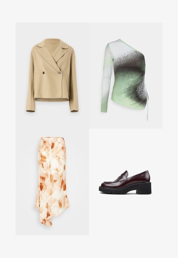 Beige cropped jakke lavet af blødt stof, med spidse krave, dobbelt knaplukning og to frontlommer.; Elleme ONE SHOULDER - Langærmet T-shirt - light green/white; Lang, flydende nederdel i et let stof med et abstrakt mønster i jordfarver—cremehvid, blød orange og brune pletter.; Burgundy læder loafers med rund tå, prydet med en dekorativ rem, chunky sort platformsål og subtilt logo på hælen.