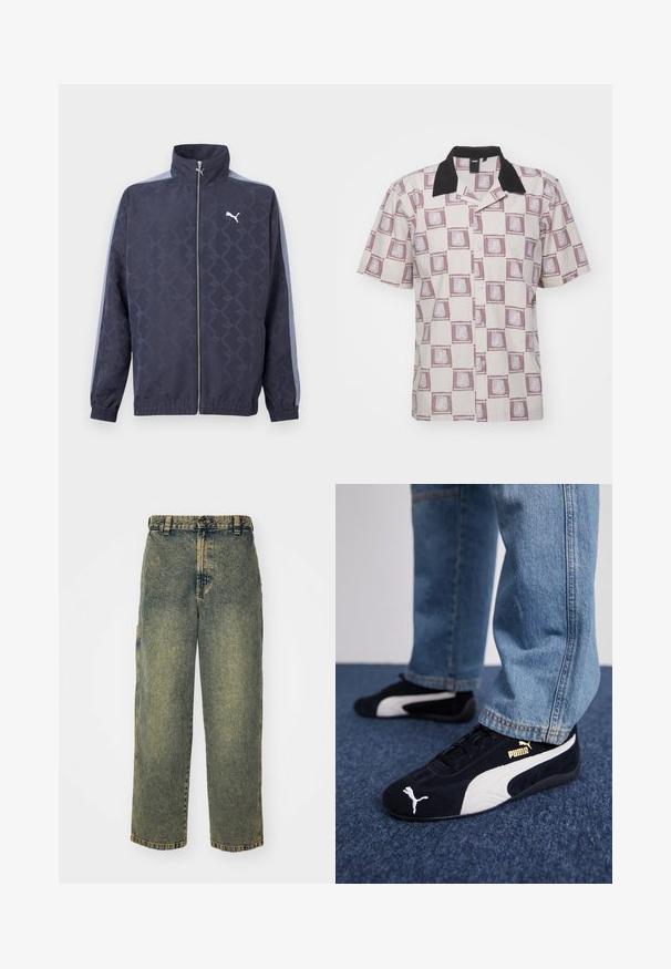 Námornícky modrá bunda na zips s jemným geometrickým vzorom, svetlomodrými pruhmi na rukávoch, elastickými manžetami a lemom a bielym logom Puma na hrudi.; Krátkym rukávom zapínaná košeľa v béžovej farbe s čiernym golierom, s opakujúcim sa fialovým grafickým vzorom rámikov a levov.; Voľné denimové nohavice v bledom modrom a zelenom umývaní. Obsahujú zapínanie na gombík, pútka na opasok a bočné vrecká. Rovný strih a priame nohavice.; Čierne semišové tenisky s bielymi akcentmi, so zlatým logom. Nosené s svetlomodrými denimovými džínsy a položené na textúrovanej modrej ploche.