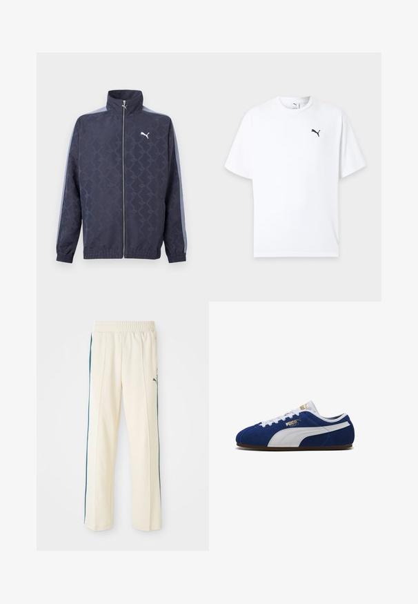 Tumesinine lukuga jope peene geomeetrilise mustriga, helesinised triibud varrukatel, elastsed varrukaotsad ja alumine äär, valge Puma logo rinnal.; Valge lühikeste varrukatega ümarsärg, millel on vasakul rinnal väike must Puma logo hele taustaga.; Kreemivärvi treeningpüksid tekstureeritud viimistlusega, tumeroheline külgmine triip ja elastne vöökoht. Ikoniline logo puusas.; Sinine sametpindse Puma tossuga valge triibu, valgete paelte ja kuldse Puma brändinguga küljel ja kee pealtvaates.