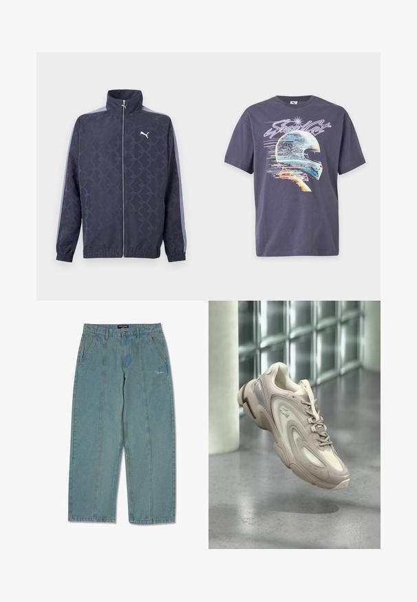 Veste zippée bleu marine avec motif géométrique subtil, rayures bleu clair sur les manches, poignets et ourlet élastiques, et logo Puma blanc sur la poitrine.; T-shirt gris foncé avec un graphisme de style numérique représentant un casque de course et le mot "Steadfast" au-dessus en texte stylisé.; Pantalons en denim bleu clair, non usés, avec une coupe droite, comportant des poches avant et un logo brodé discret près de la taille.; Baskets beige clair dotées d'un design élégant avec des superpositions texturées, une semelle rembourrée et une section translucide sur le côté.