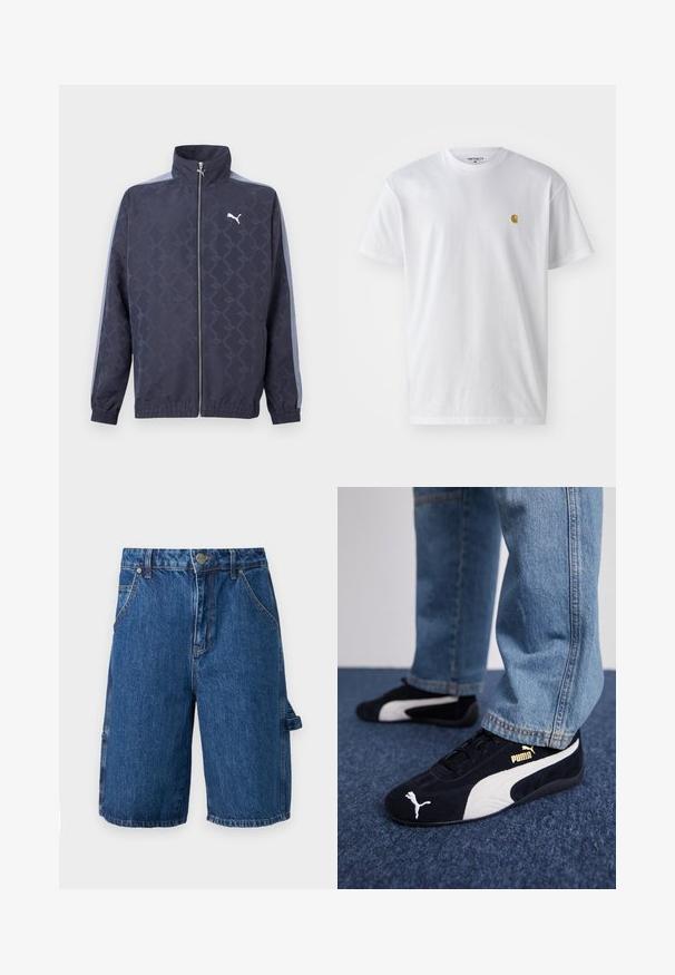 Tumesinine lukuga jope peene geomeetrilise mustriga, helesinised triibud varrukatel, elastsed varrukaotsad ja alumine äär, valge Puma logo rinnal.; Valge puuvillane t-särk lühikeste varrukatega, ümmargune kaelus, millel on väike kuldne logo vasakul rinnal. Pehme tekstuur ja regulaarne lõike.; Keskmise sinise värvi denim lühikesed püksid, millel on kõrge vöökoht, kaks esikotti ja külgekott rihmaga. Sujuv tekstuur, lõbus disain.; Mustad nubukist kingad valgete aktsentidega, millel on kullavärvi logo. Kandmine helesinine teksapükstega ja asetatud tekstuursele sinisele pinnale.