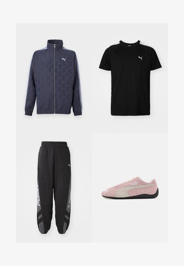 Marineblaue Reißverschlussjacke mit dezentem geometrischem Muster, hellblauen Streifen an den Ärmeln, elastischen Bündchen und Saum sowie weißem Puma-Logo auf der Brust.; Schwarzes Kurzarm-T-Shirt mit weißen Akzentstreifen auf den Schultern, runden Halsausschnitt und kleinem weißen Logo auf der linken Brust. Weicher Stoff, klassische Passform.; Schwarze Jogginghosen aus weichem Material. Mit elastischem Bund, schmal zulaufenden Beinen, grauen Akzenten und weißen Logos an den Seiten.; Rosa Wildledersneaker mit grauen Akzenten, stromlinienförmigem Design, strukturiertem Obermaterial und schwarzer Gummisohle. Mit dem Puma-Logo an der Seite.